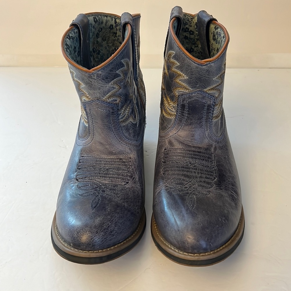 Women’s Laredo Leather Western Low Cowboy Boots Blue Gray Floral Lined Size 8